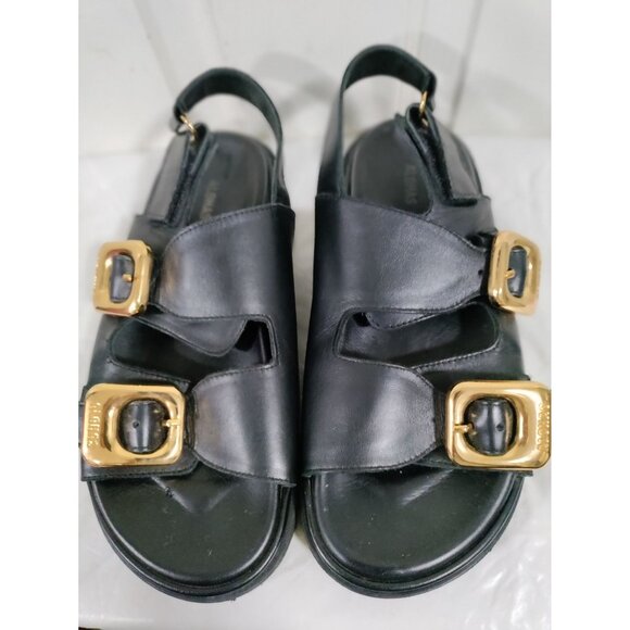 Alohas Black Leather Double Gold Buckle Round Toe Daria Sandals Women's Size 9 - Picture 3 of 14